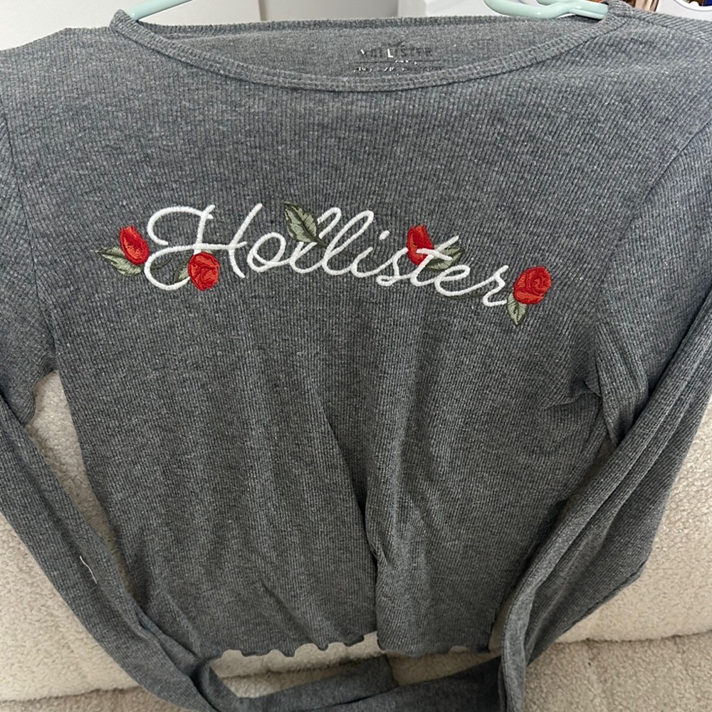 Hollister Gray Long Sleeve Top with Red Floral Embroidery